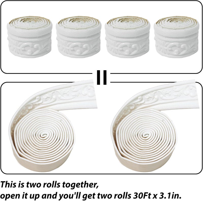 WAPANE 360" x 3.1" Peel Stick Foam Molding Trim Self Adhesive, Crown Molding Wallpaper Border Flexible, 3D Wall Edging Lines Foam Baseboard, Wall Trim for Home, White, 4PC - Image 3